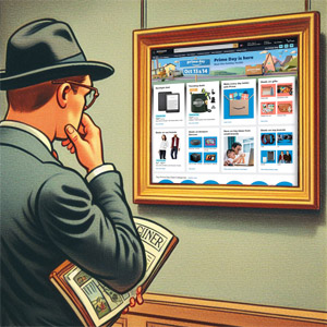 man in museum comparing desktop vs mobile versions of a website